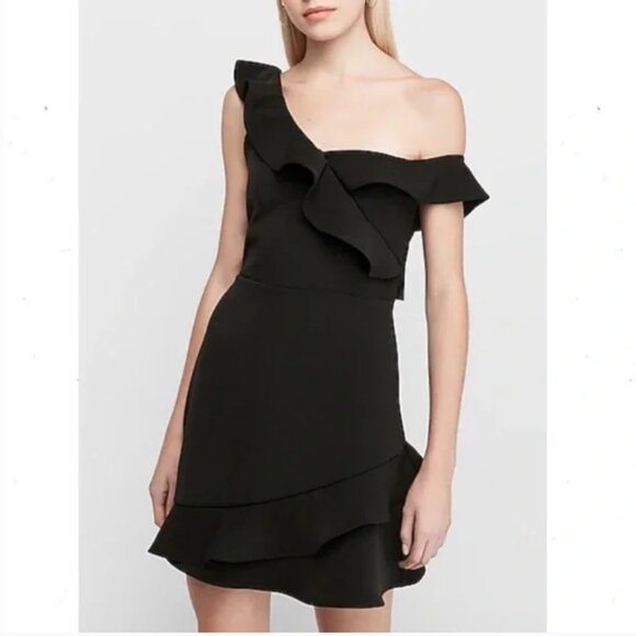 Express Dresses & Skirts - Express Off The Shoulder Ruffle Sheath Dress in Black